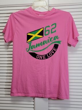 Y&S Men's M Graphic Print Crew Neck T-Shirt Pink Jamaica One Love Short Sleeve